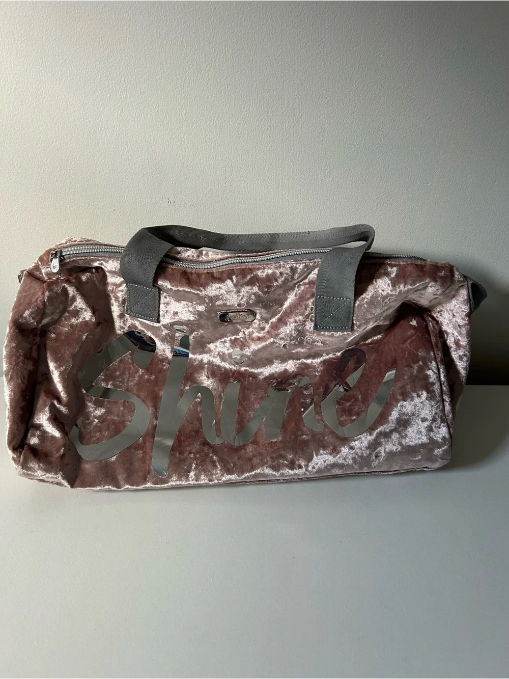Justice Pink Crush Velvet Tote with Gray Straps